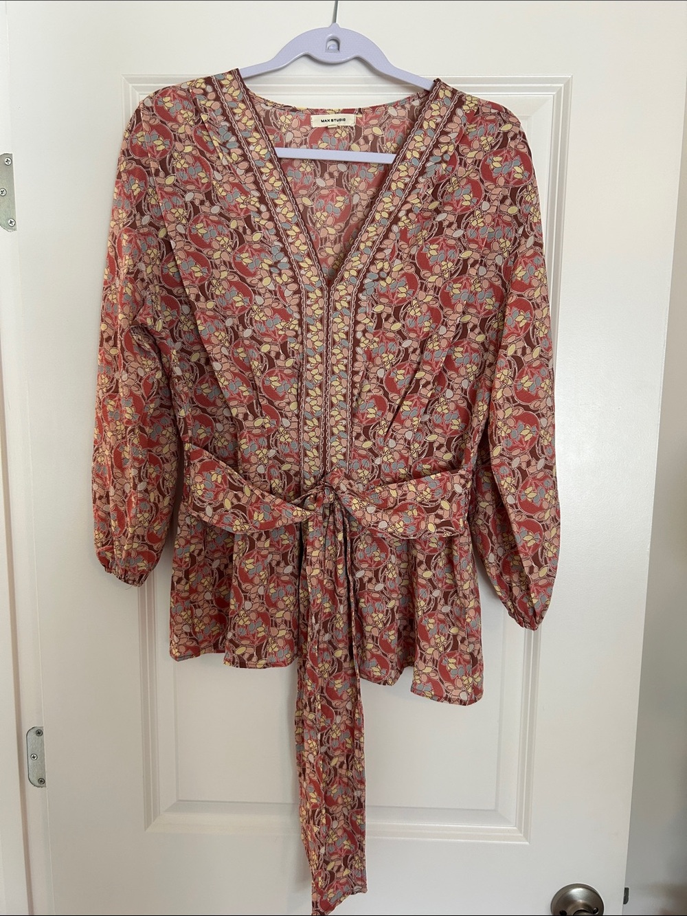 Max Studio Rust Floral Tie-Waist Peplum Tunic